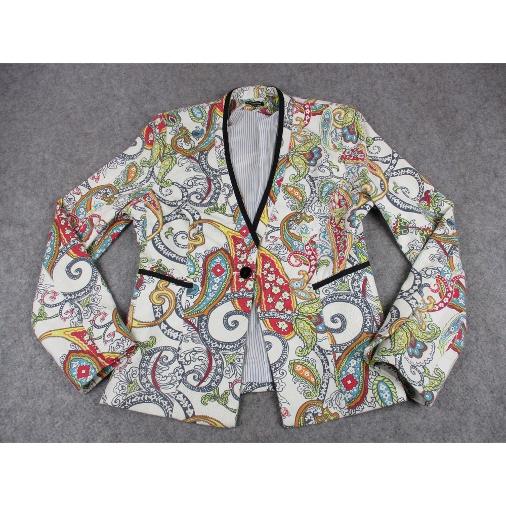 J Peterman Blazer Women 8 White Red Paisley Boho Single Button Jacket Sport Coat